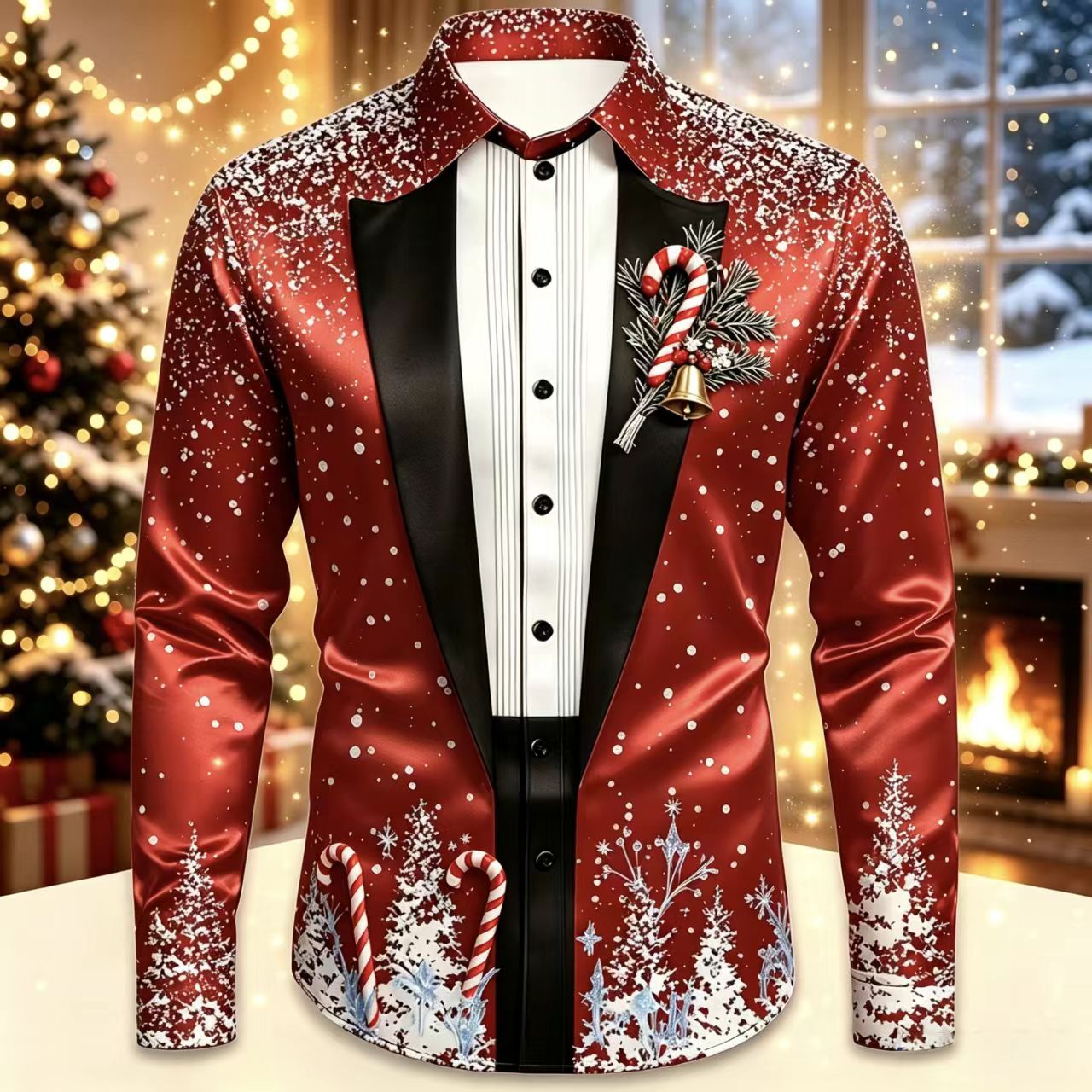Mens Satin Silk Dress Shirt - Men Christmas Satin Long Sleeve Shirt